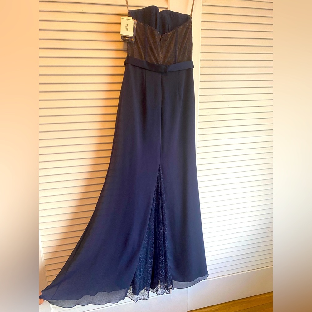 Royal blue full length David’s bridal chiffon evening gown with lace overlay